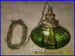 Restored Vintage Mid Century UFO Green Optic Blown Glass Hanging Swag Lamp Light