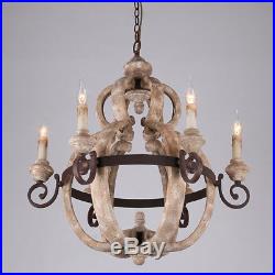 Retro Candle-Style Hanging Lamp 6-Light Wood and Metal Vintage Chandelier