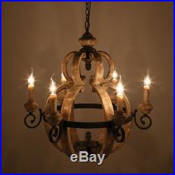 Retro Candle-Style Hanging Lamp 6-Light Wood and Metal Vintage Chandelier