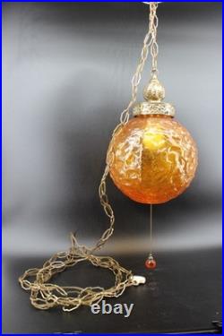Retro MCM Amber Glass Lamp with Pull Chain Hanging Light LED Bulb Works Great