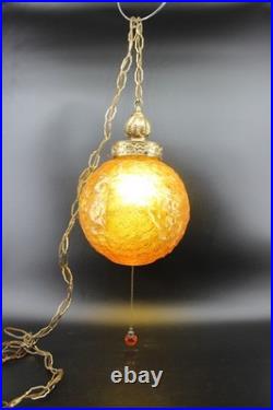 Retro MCM Amber Glass Lamp with Pull Chain Hanging Light LED Bulb Works Great