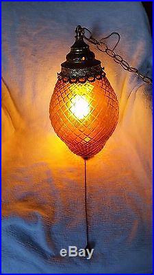 Retro Swag Lamp Optic Glass Vtg Amber Hanging Light Ceiling Metal Diffuser Pull