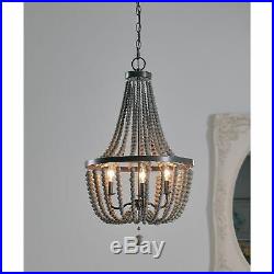 Rustic Vintage Gray Wood Bead Chandelier Hanging Pendant Lamp Fixture Boho Chic