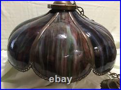 STUNNING! Vintage Hanging Swag Lamp Slag Glass Blue Green Amethyst 18