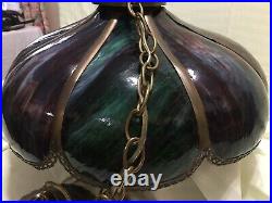 STUNNING! Vintage Hanging Swag Lamp Slag Glass Blue Green Amethyst 18