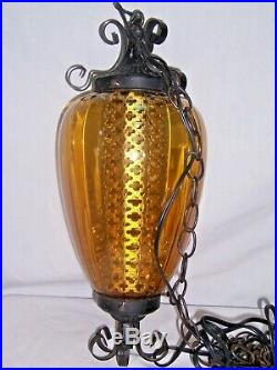SUPERB paneled amber swag light glass hanging pendant lamp gothic MCM vintage