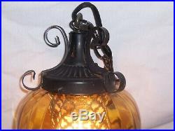 SUPERB paneled amber swag light glass hanging pendant lamp gothic MCM vintage