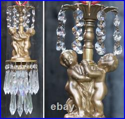 SWAG Cherub hanging Lamp Chandelier Vintage spelter brass crystal prism light