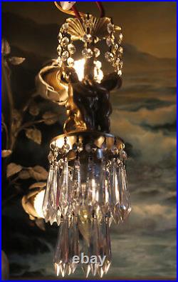 SWAG Cherub hanging Lamp Chandelier Vintage spelter brass crystal prism light
