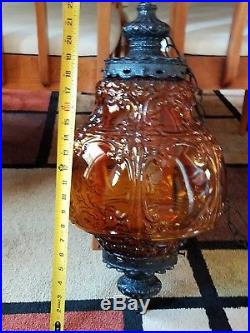 SWAG HANGING LAMP Vintage Retro Mid century modern Amber Glass black chain