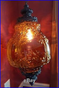 SWAG HANGING LAMP Vintage Retro Mid century modern Amber Glass black chain
