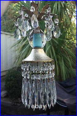 SWAG lamp chandelier crystal prism Vintage Icy Blue Turquoise tole Brass