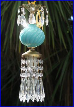 SWAG lamp chandelier crystal prism Vintage Swirl Aqua Blue tole Brass pendant