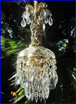 SWAG plugin Vintage Glass crystal Cherub hanging Lamp Chandelier brass plt 1of2