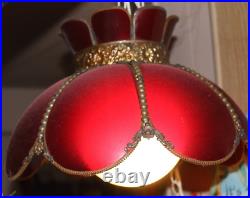 Scalloped Ruby Red Glass Swag Lamp Antiqued Beaded Metal Accents Vintage 18