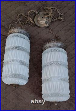 Set 2 Vintage MCM Hollywood Regency Deco Hanging Clear & Frosted Swag Lamps