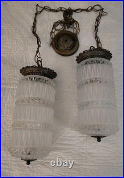 Set 2 Vintage MCM Hollywood Regency Deco Hanging Clear & Frosted Swag Lamps