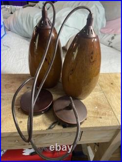 Set of 2 Amber Heavy Blown Glass Hanging Light Retro Mod Lamp 12