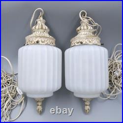 Set of 2 Swag Pendant Hanging Lamp Light Chain Ribbed Glass Vintage MCM