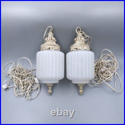 Set of 2 Swag Pendant Hanging Lamp Light Chain Ribbed Glass Vintage MCM