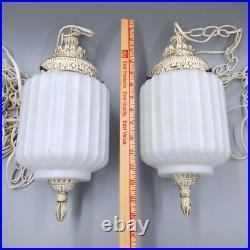 Set of 2 Swag Pendant Hanging Lamp Light Chain Ribbed Glass Vintage MCM