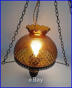 Set of 2 Vintage Amber Glass Hobnail Globe Hanging Hurricane Lamps 3-Way