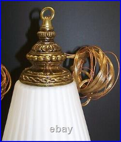 Set of 2 Vintage MCM Swag Pendant Hanging Lamps Lights White Ribbed Glass 14