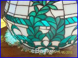 Stain Glass Emerald Green & Opalescent Ribbon Block Vtg Hanging Light Fixture