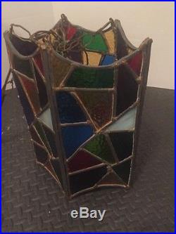 Stained Glass Hanging Lamp Light Plug In Mid Century Geometric Polygon Vintage