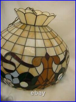 Stained Glass Lamp Hanging Tan Floral Ribbon Fleur Vintage 20 Wide 15 Tall