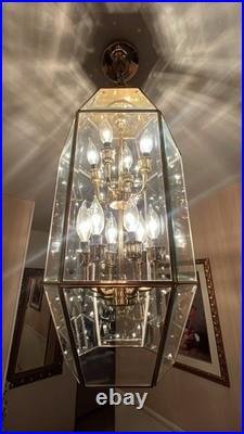 Stunning 2-Tiered Chandelier Polished Brass & Multifaceted Beveled Glass Panels