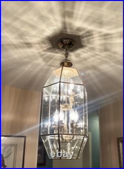 Stunning 2-Tiered Chandelier Polished Brass & Multifaceted Beveled Glass Panels