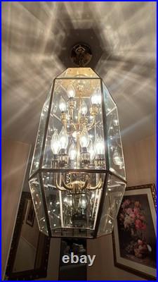 Stunning 2-Tiered Chandelier Polished Brass & Multifaceted Beveled Glass Panels