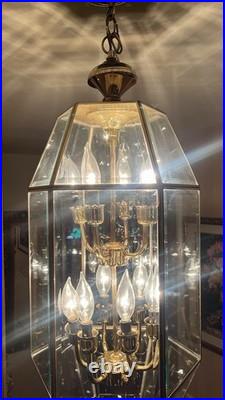 Stunning 2-Tiered Chandelier Polished Brass & Multifaceted Beveled Glass Panels