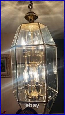 Stunning 2-Tiered Chandelier Polished Brass & Multifaceted Beveled Glass Panels