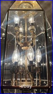 Stunning 2-Tiered Chandelier Polished Brass & Multifaceted Beveled Glass Panels