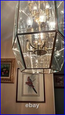 Stunning 2-Tiered Chandelier Polished Brass & Multifaceted Beveled Glass Panels