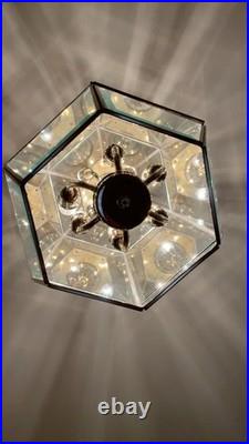 Stunning 2-Tiered Chandelier Polished Brass & Multifaceted Beveled Glass Panels