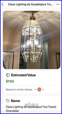 Stunning 2-Tiered Chandelier Polished Brass & Multifaceted Beveled Glass Panels