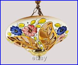 Stunning Vintage Italian Style Ceramic & Brass Ornate Floral Large Pendant Light