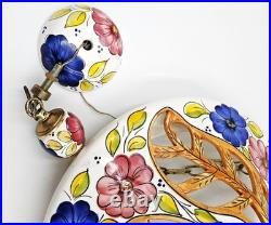 Stunning Vintage Italian Style Ceramic & Brass Ornate Floral Large Pendant Light