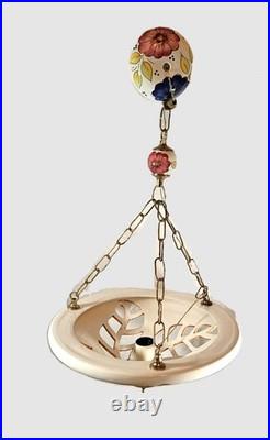 Stunning Vintage Italian Style Ceramic & Brass Ornate Floral Large Pendant Light