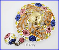 Stunning Vintage Italian Style Ceramic & Brass Ornate Floral Large Pendant Light
