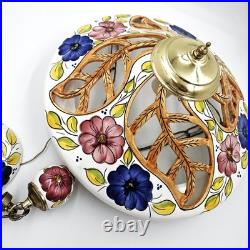 Stunning Vintage Italian Style Ceramic & Brass Ornate Floral Large Pendant Light