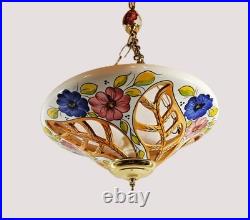 Stunning Vintage Italian Style Ceramic & Brass Ornate Floral Large Pendant Light