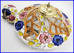 Stunning Vintage Italian Style Ceramic & Brass Ornate Floral Large Pendant Light