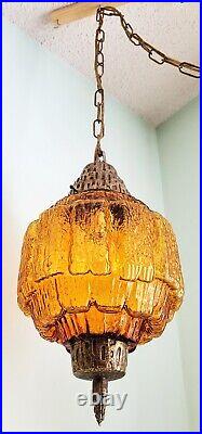 Stunning Vintage Mid-Century Modern Brutalist Brass Amber Glass Swag Lamp