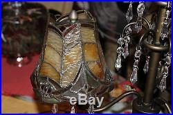 Stunning Vintage Style Table Lamp-3 Light Lamp-Hanging Crystals-Slag Glass Shade
