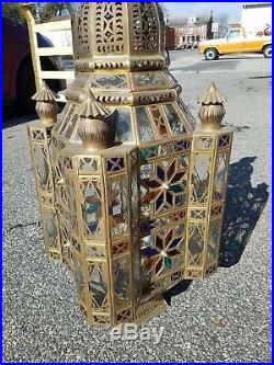 Stunning Vtg Pierced Dome Brass Moroccan Moravian Hanging Hall Lamp 32.5 Tall
