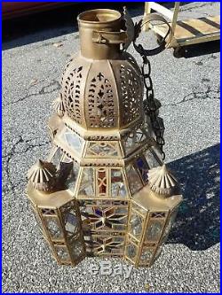 Stunning Vtg Pierced Dome Brass Moroccan Moravian Hanging Hall Lamp 32.5 Tall
